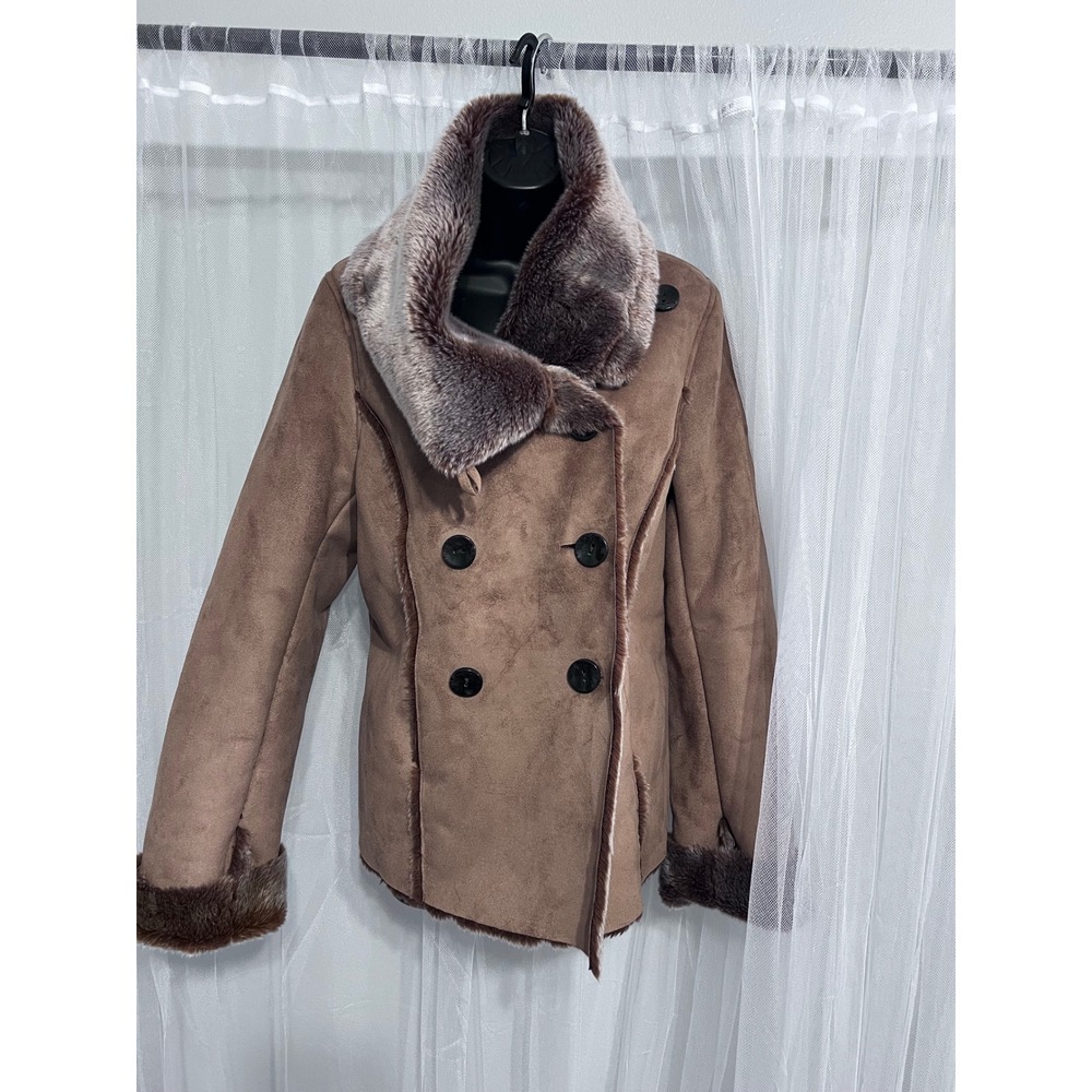 Soft Surroundings Brown Faux Suede Shearling Fur Lined Jacket Coat Womens Medium